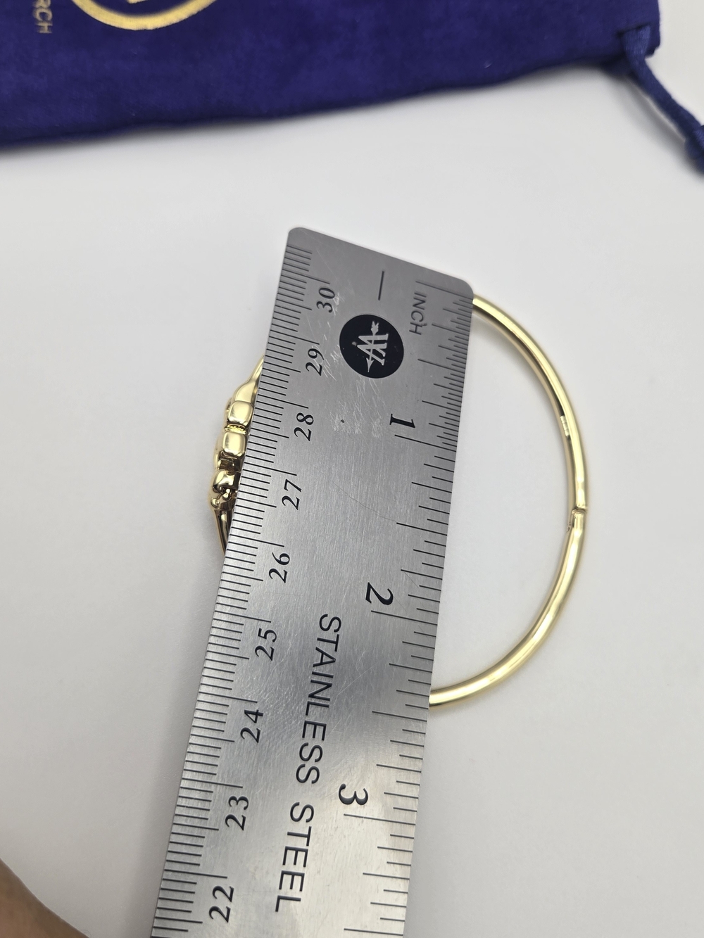 New Tory Burch Gold Logo Hinge Bangle With Purple Pouch NWT - Picture 4 of 4